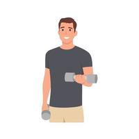 Young man workout using dumbbells doing bicep curl concept character . Flat vector illustration isolated on white background