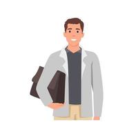 Young man in suit holding briefcase. Leader success, management concept character . Flat vector illustration isolated on white background