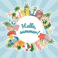 Summer cute round frame on blue background. Template for design. Many objects. Vector illustration. cartoon style.