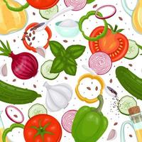 seamless pattern with fresh vegetables. Ingredients for soup. Tomato, basil, garlic, pepper. Colorful vector illustration. Cartoon style.