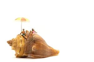 Miniature people wearing swimsuit relaxing on seashells with white background photo