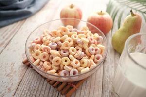 close up of colorful cereal corn flakes in a bowl photo