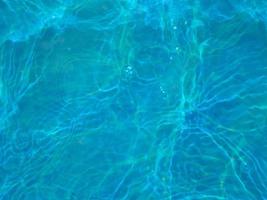 Defocus blurred transparent blue colored clear calm water surface texture with splashes and bubbles. Trendy abstract nature background. Water waves in sunlight. Blue water background. photo