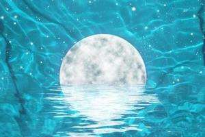 Full moon under blue water. super moon and clouds in the night on the sea. photo