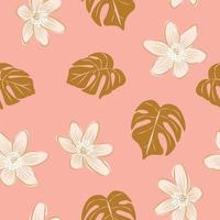 Hibiscus flowers and leaves seamless pattern background. Tropical nature wrapping paper or textile design. Beautiful print with hand-drawn exotic flower. vector