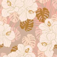 Hibiscus flowers and leaves seamless pattern background. Tropical nature wrapping paper or textile design. Beautiful print with hand-drawn exotic flower. vector