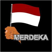 Vector design of greeting happy Indonesia Day with hands holding the Indonesian flag. black background