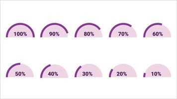 10 to 100 percentage infographics created with half circle shape,  percentage infographics vector set.