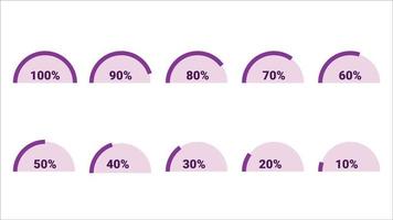 10 to 100 percentage infographics created with half circle shape,  percentage infographics vector set.