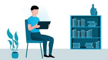 man looking at tablet screen, online study and work from home concept vector illustration