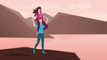 Couple piggyback ride on mountain top, Friendship day and valentines day concept vector illustration