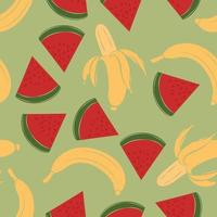 Fondo transparente de plátanos y sandías. papel de regalo de selva exótica. hermoso estampado con frutas exóticas dibujadas a mano. diseño de verano para moda, estampado, textil y tejido. vector