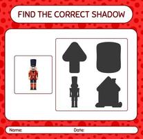 Find the correct shadows game with nutcracker. worksheet for preschool kids, kids activity sheet vector