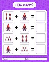 How many counting game with gnome. worksheet for preschool kids, kids activity sheet vector