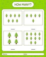 How many counting game with christmas tree. worksheet for preschool kids, kids activity sheet vector