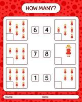 How many counting game with doll. worksheet for preschool kids, kids activity sheet vector