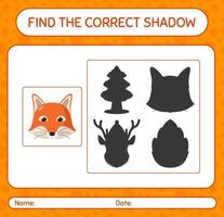 Find the correct shadows game with red fox. worksheet for preschool kids, kids activity sheet vector