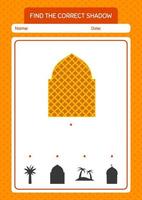 Find the correct shadows game with mosque. worksheet for preschool kids, kids activity sheet vector