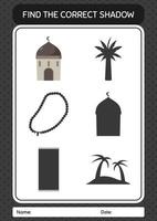 Find the correct shadows game with mosque. worksheet for preschool kids, kids activity sheet vector