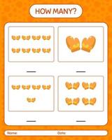 How many counting game with glove. worksheet for preschool kids, kids activity sheet vector