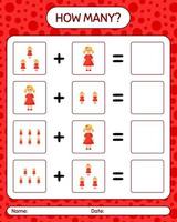 How many counting game with doll. worksheet for preschool kids, kids activity sheet vector