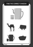 Find the correct shadows game with arabic teapot. worksheet for preschool kids, kids activity sheet vector