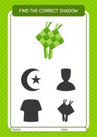 encuentra el juego de sombras correcto con ketupat. hoja de trabajo para niños en edad preescolar, hoja de actividades para niños vector