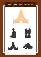 Find the correct shadows game with praying. worksheet for preschool kids, kids activity sheet vector