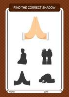 Find the correct shadows game with praying. worksheet for preschool kids, kids activity sheet vector