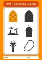 Find the correct shadows game with mosque. worksheet for preschool kids, kids activity sheet vector