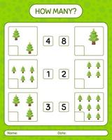 How many counting game with christmas tree. worksheet for preschool kids, kids activity sheet vector