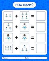 How many counting game with snowman. worksheet for preschool kids, kids activity sheet vector