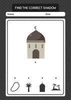 Find the correct shadows game with mosque. worksheet for preschool kids, kids activity sheet vector