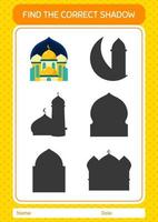 Find the correct shadows game with mosque. worksheet for preschool kids, kids activity sheet vector