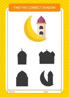 Find the correct shadows game with mosque. worksheet for preschool kids, kids activity sheet vector