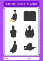 Find the correct shadows game with praying. worksheet for preschool kids, kids activity sheet vector