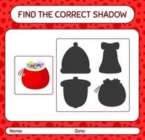 encuentra el juego de sombras correcto con la bolsa de santa. hoja de trabajo para niños en edad preescolar, hoja de actividades para niños vector