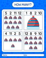 How many counting game with beanie. worksheet for preschool kids, kids activity sheet vector