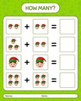 How many counting game with elf. worksheet for preschool kids, kids activity sheet vector