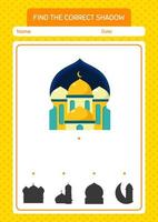 Find the correct shadows game with mosque. worksheet for preschool kids, kids activity sheet vector