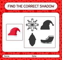 Find the correct shadows game with santa hat. worksheet for preschool kids, kids activity sheet vector