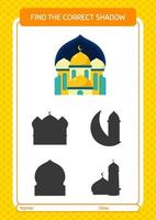 Find the correct shadows game with mosque. worksheet for preschool kids, kids activity sheet vector