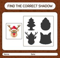 Find the correct shadows game with reindeer. worksheet for preschool kids, kids activity sheet vector
