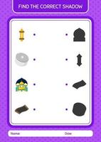 encuentra el juego de sombras correcto con el icono de ramadán. hoja de trabajo para niños en edad preescolar, hoja de actividades para niños vector