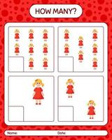 How many counting game with doll. worksheet for preschool kids, kids activity sheet vector