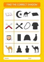 Find the correct shadows game with ramadan icon. worksheet for preschool kids, kids activity sheet vector