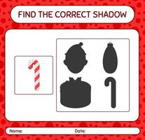 Find the correct shadows game with candy cane. worksheet for preschool kids, kids activity sheet vector