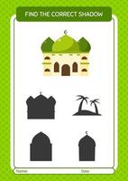 Find the correct shadows game with mosque. worksheet for preschool kids, kids activity sheet vector