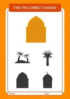 Find the correct shadows game with mosque. worksheet for preschool kids, kids activity sheet vector