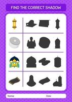 Find the correct shadows game with ramadan icon. worksheet for preschool kids, kids activity sheet vector